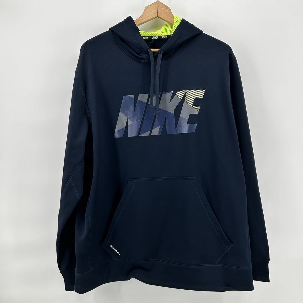 Nike Therma-FIT Hoodie Mens XL Navy Blue Yellow Neon Accent Training Pullover